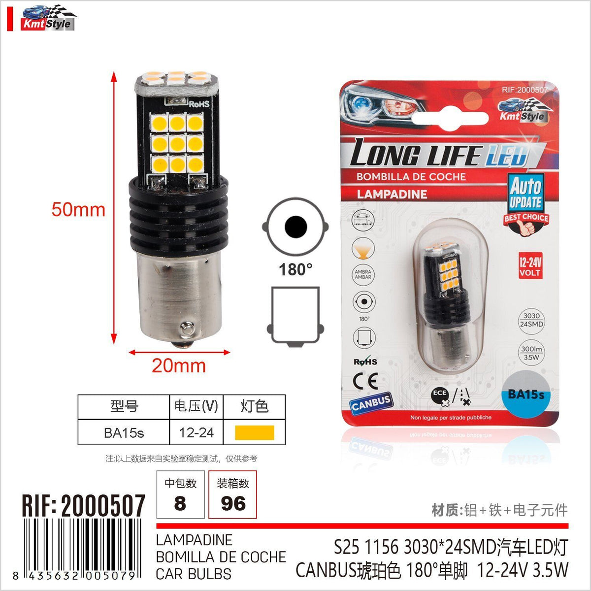 2 Pezzi Lampada Led BA15s S25 P21W R10W 24 SMD 3030 12V 24V 300lm 3.5W Luce