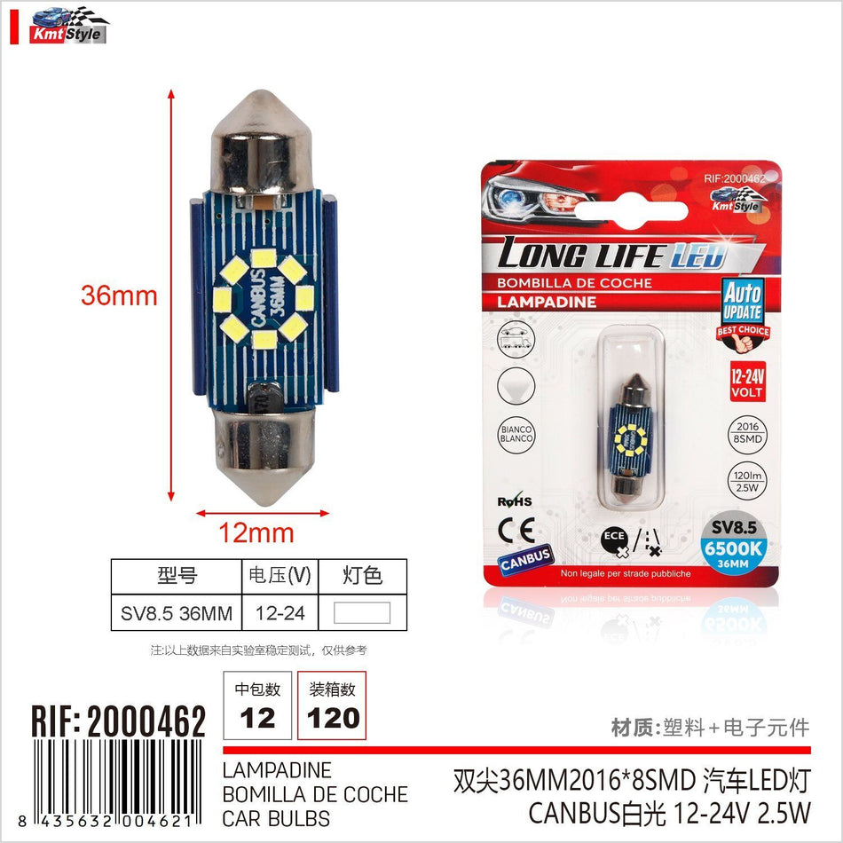 4 Pezzi Lampada Led Siluro SV8.5 C5W C10W 8 SMD 2016 12V-24 2.5W 120lm Bianco