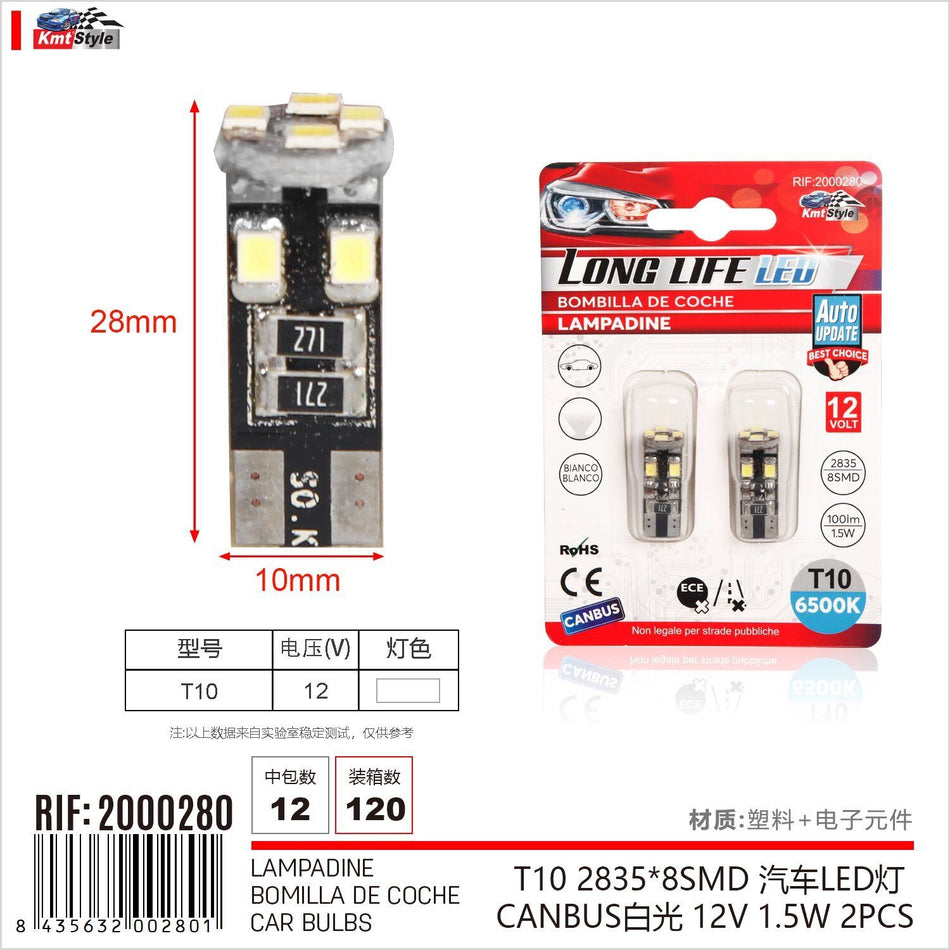 8 Pezzi Lampada Led T10 SMD 2835 12V 1.5W 100lm Bianco Freddo 6500K
