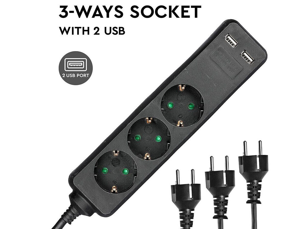 Multipresa Ciabatta Elettrica Con 2 USB e 3 Posti Schuko 10A Cavo Lunga 5 Metri