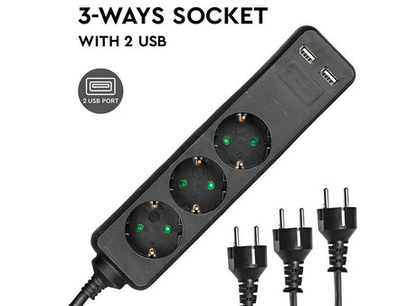 Multipresa Ciabatta Elettrica Con 2 USB e 3 Posti Schuko 10A Cavo Lunga 5 Metri