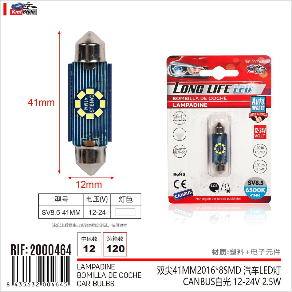 4 Pezzi Lampada Led Siluro SV8.5 C5W C10W 8 SMD 2016 12V-24 2.5W 120lm Bianco