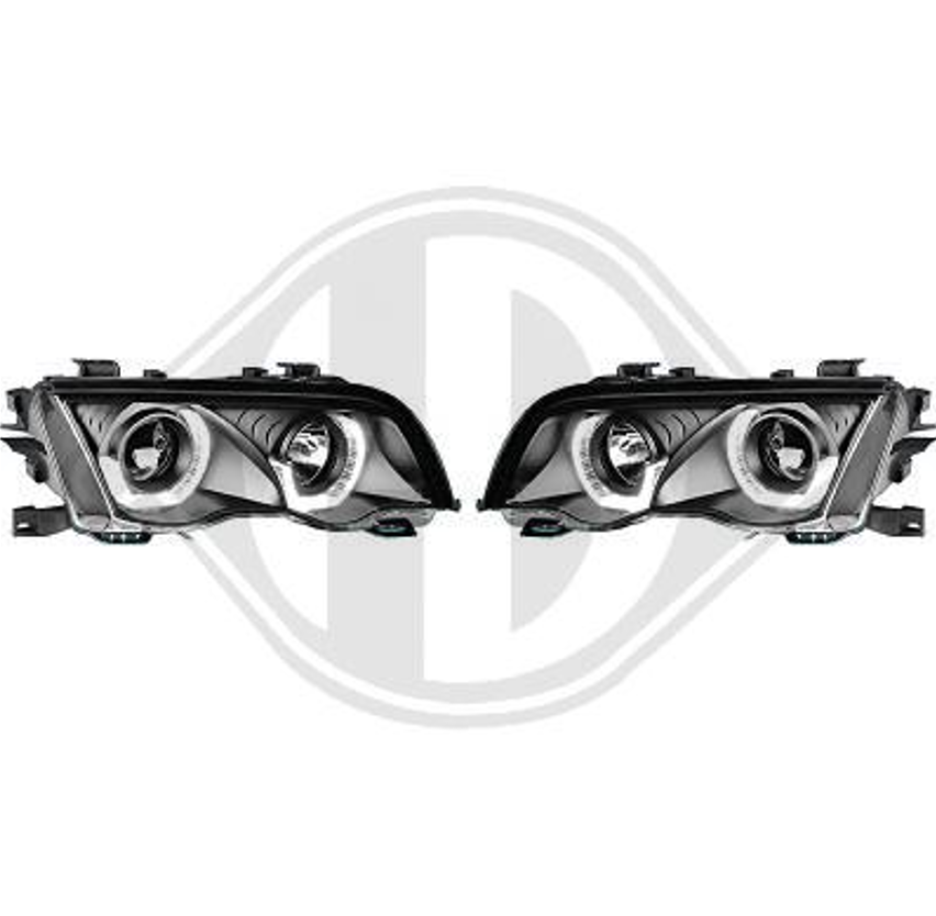 COPPIA FARI FANALI E46 BERLINA ANGEL EYES 98-01 VETRO TRASPARENTE/NERO ALOGENI