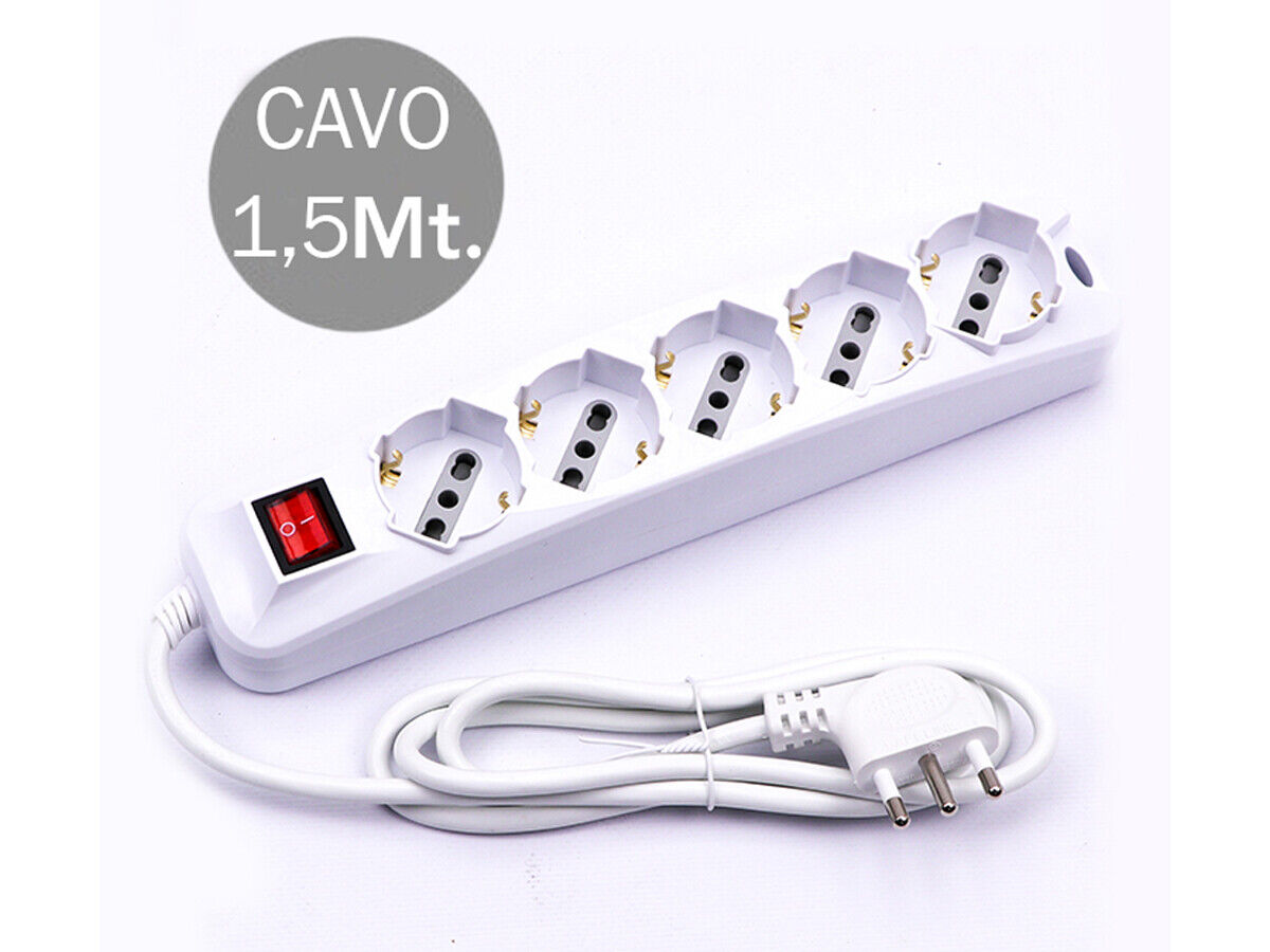 Multipresa Ciabatta Elettrica Spina 16A 2P+T 5 Posti 10/16A Schuko Cavo 1.5 Met