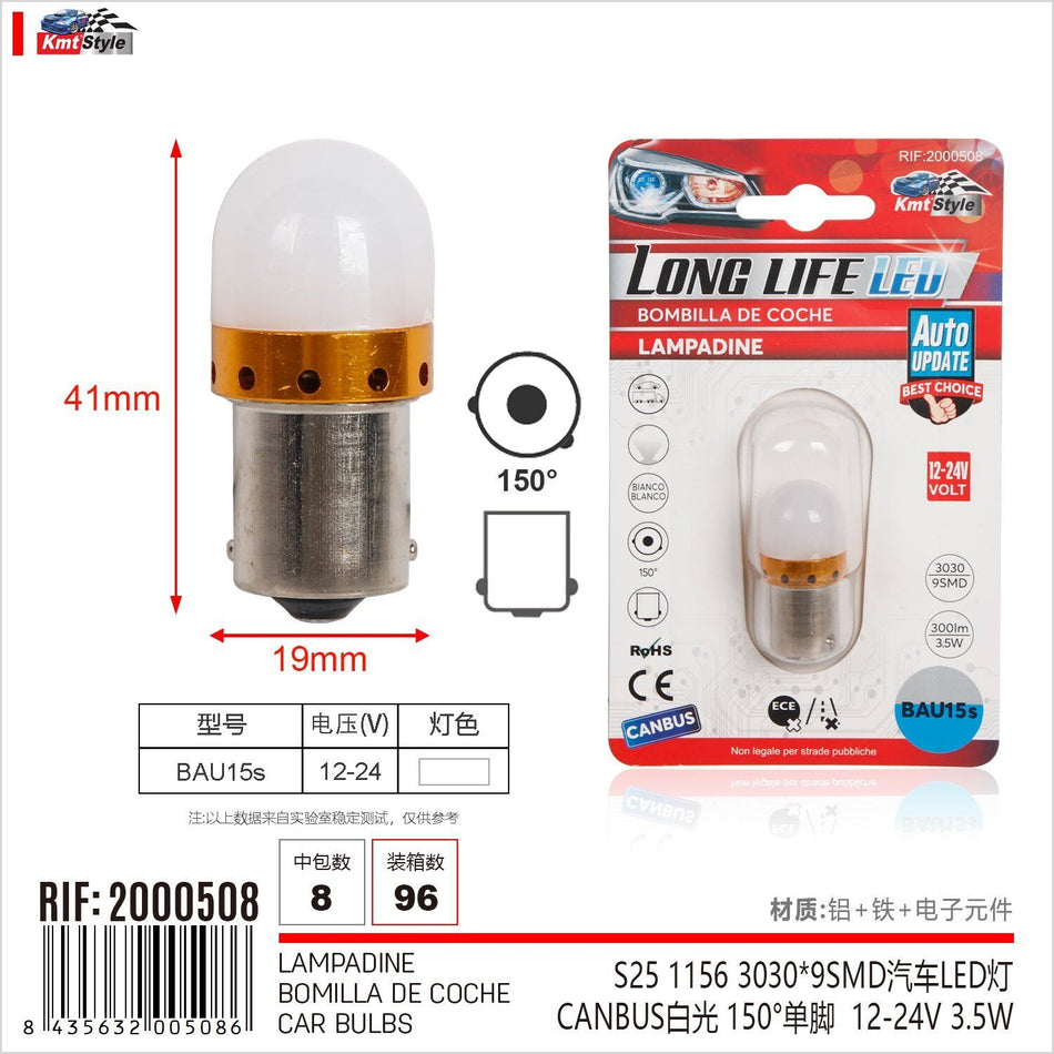 2 Pezzi Lampada Led BAU15S S25 PY21W 9 SMD 3030 12V 24V 300lm 3.5W Bianca