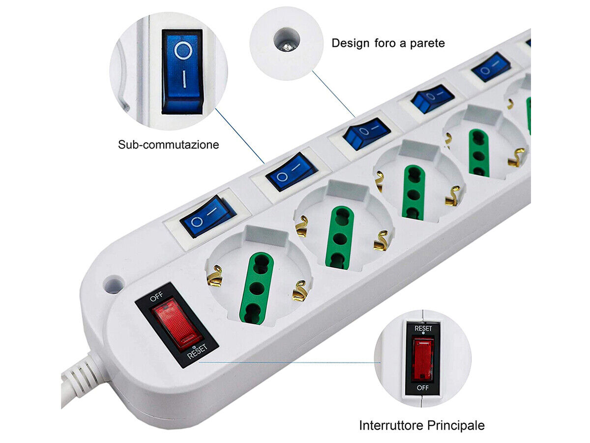Multipresa Ciabatta Elettrica Con 6 Posti Prese Schuko 10/16A + 7 Interruttori