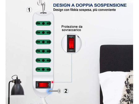 Multipresa Ciabatta Elettrica Cavo 3M Con 6 Posti Prese Bipasso 10/16A 2P+T Int