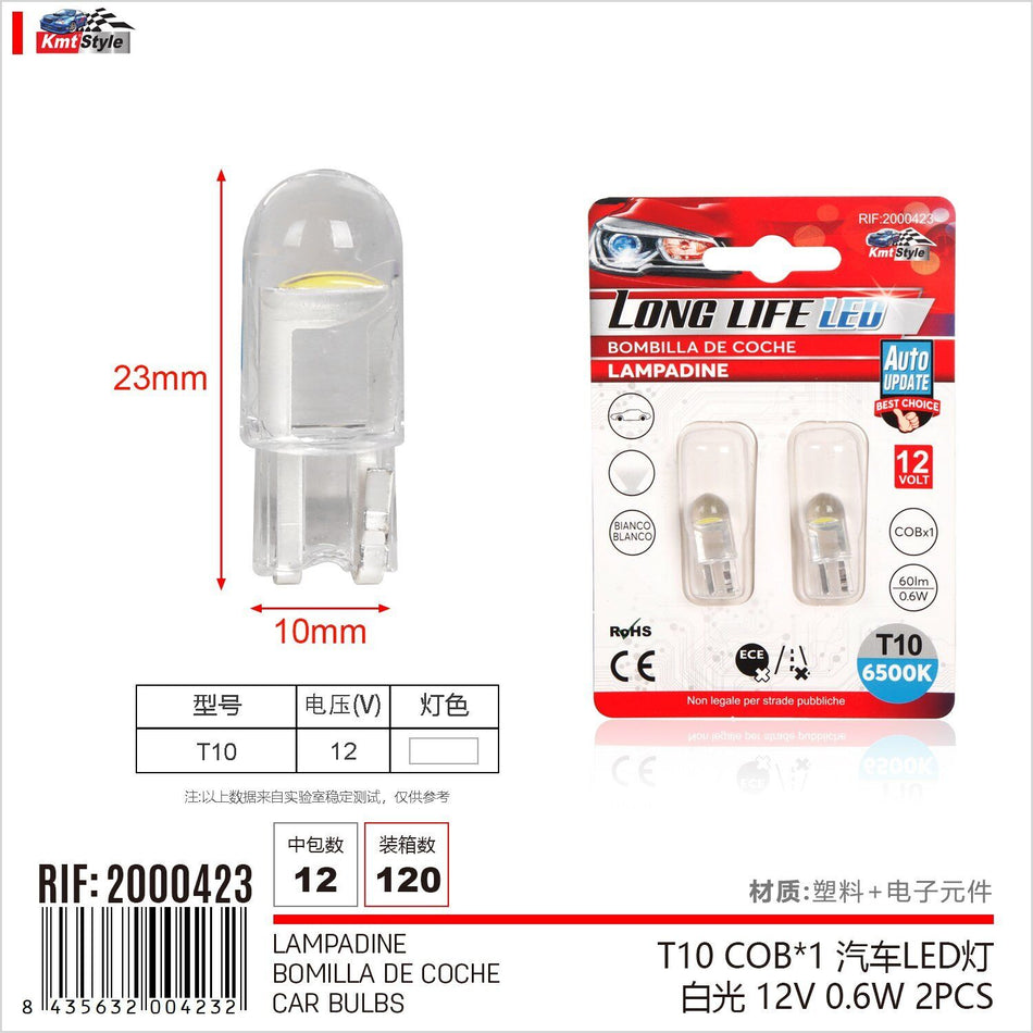 8 Pezzi Lampada Led T10 COBx1 12V 0.6W 60lm Bianco Freddo 6500K <ul><li>Lampada