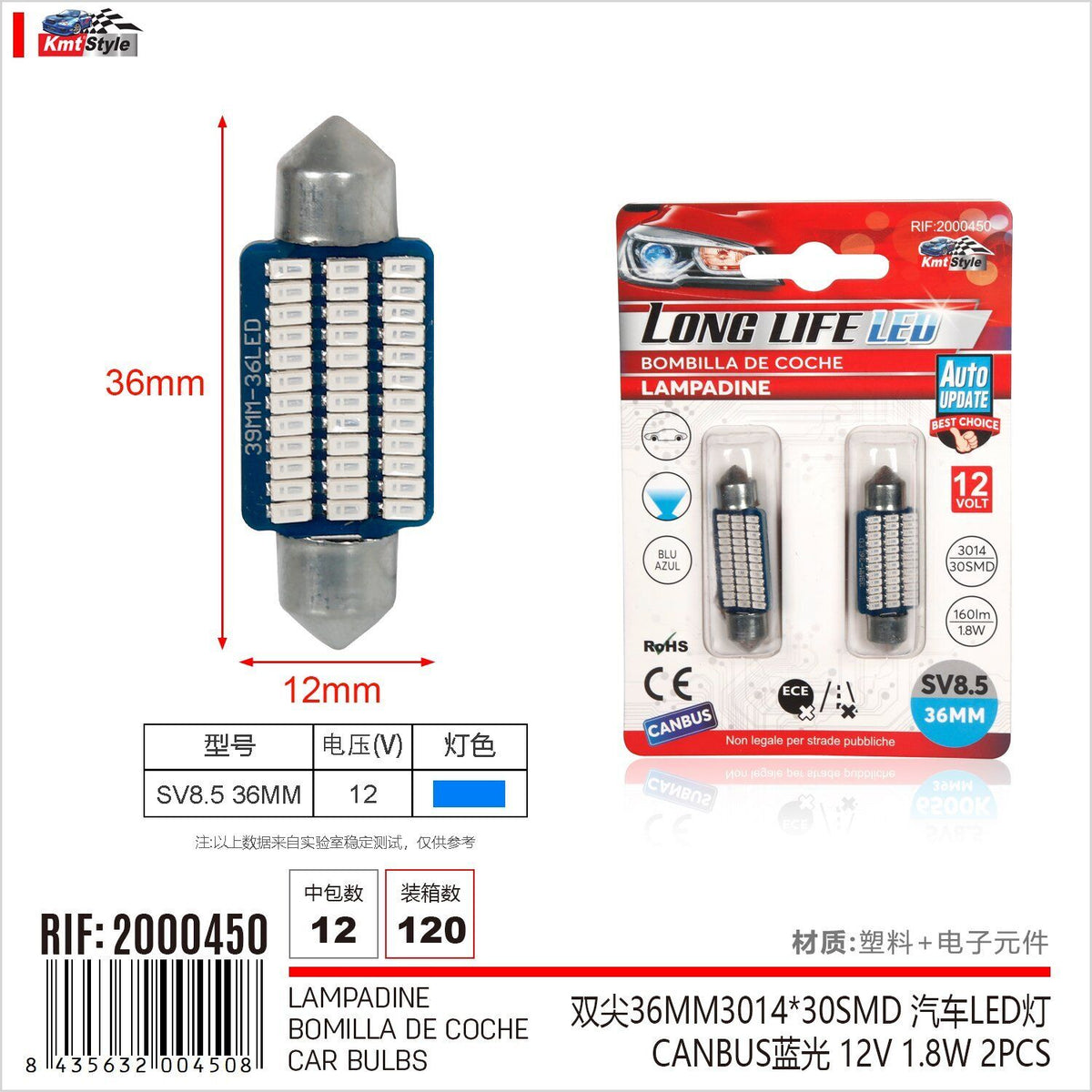 8 Pezzi Lampada Led Siluro SV8.5 C5W C10W 30 SMD 3014 12V 1.8W 160lm Luce