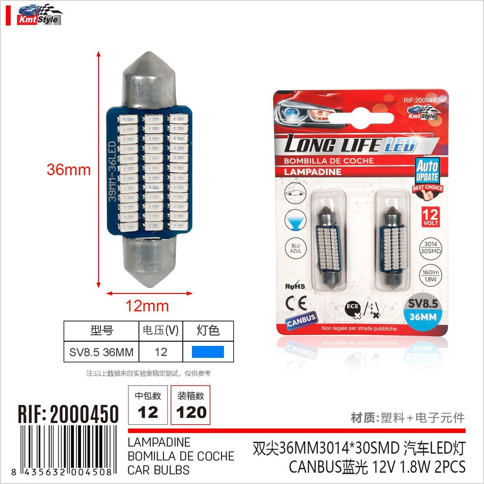 8 Pezzi Lampada Led Siluro SV8.5 C5W C10W 30 SMD 3014 12V 1.8W 160lm Luce