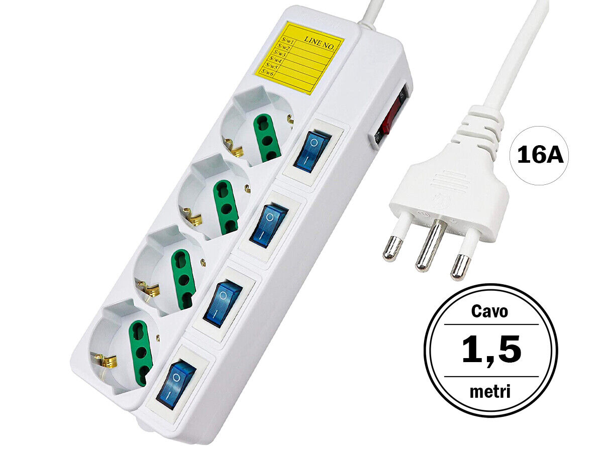 Multipresa Ciabatta Elettrica Con 4 Posti Prese Schuko 10/16A + 5 Interruttori