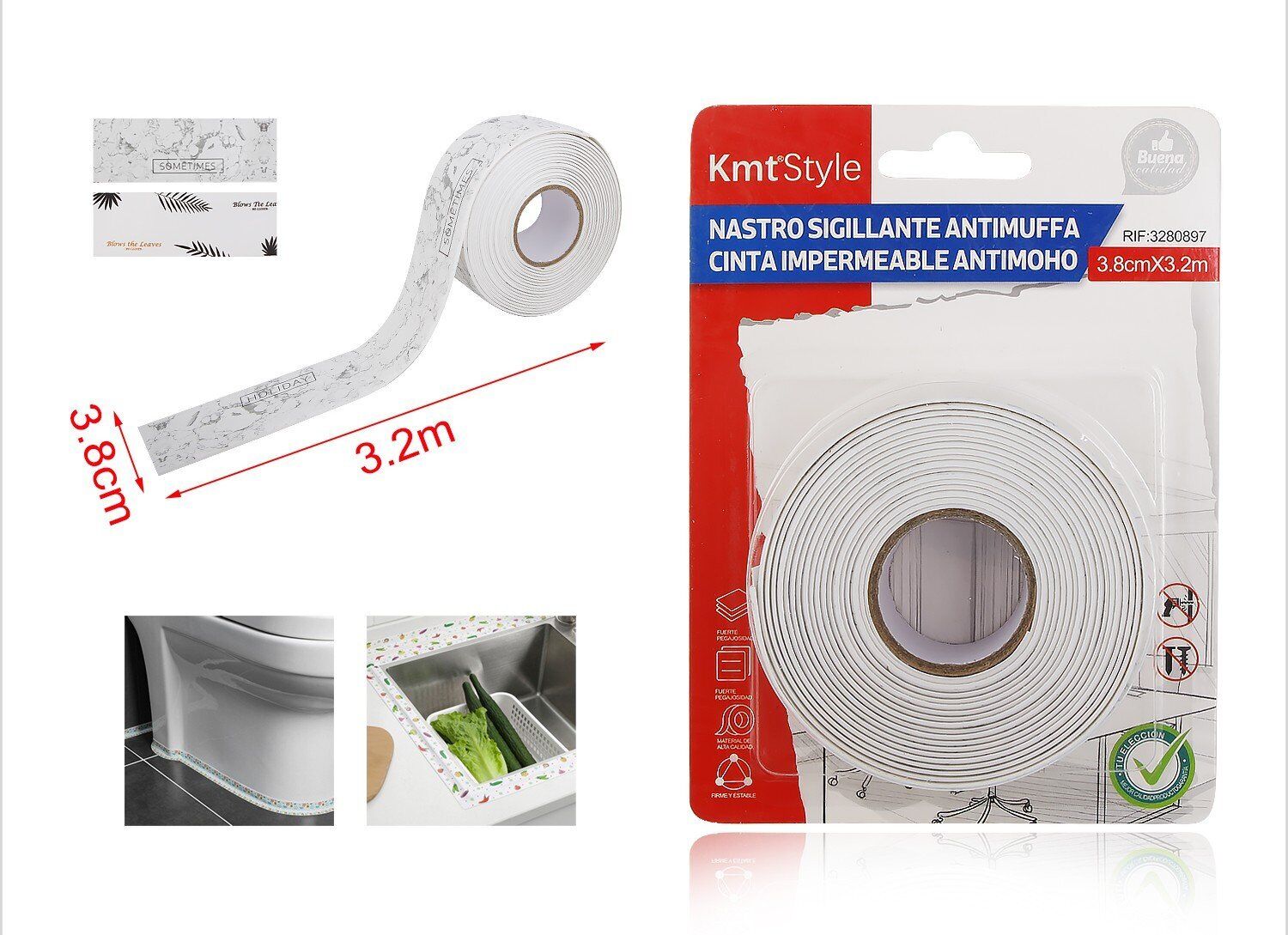 Nastro Adesivo Sigillante Antimuffa 38mm X 320cm Bianco con Simboli Foglie