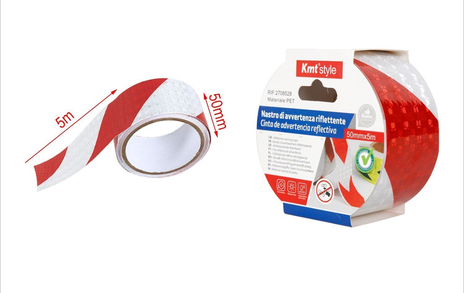 Nastro Adesivo Riflettente 50mm X 5MT Bianco Rosso Catarifrangente Ad Alta