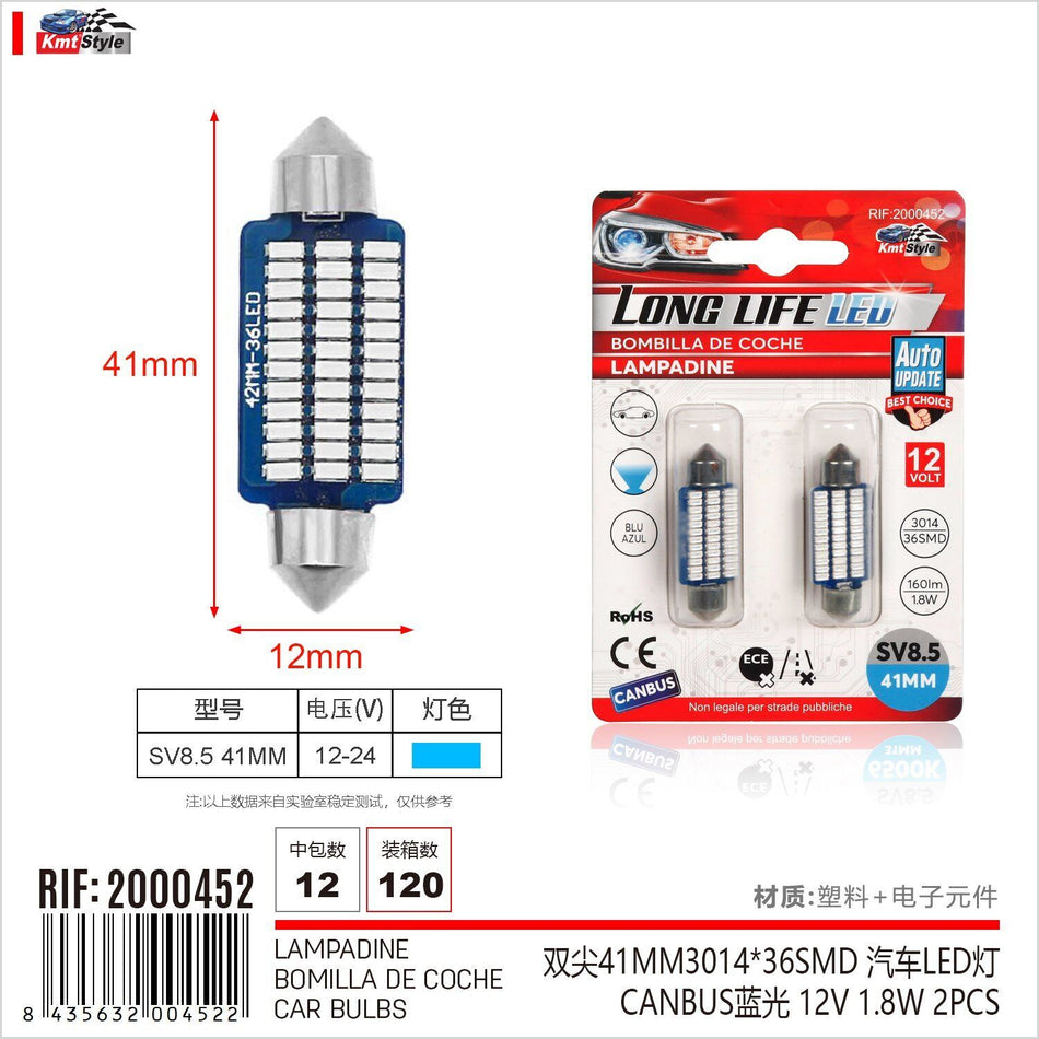 8 Pezzi Lampada Led Siluro SV8.5 C5W C10W 36 SMD 3014 12V 1.8W 160lm Luce