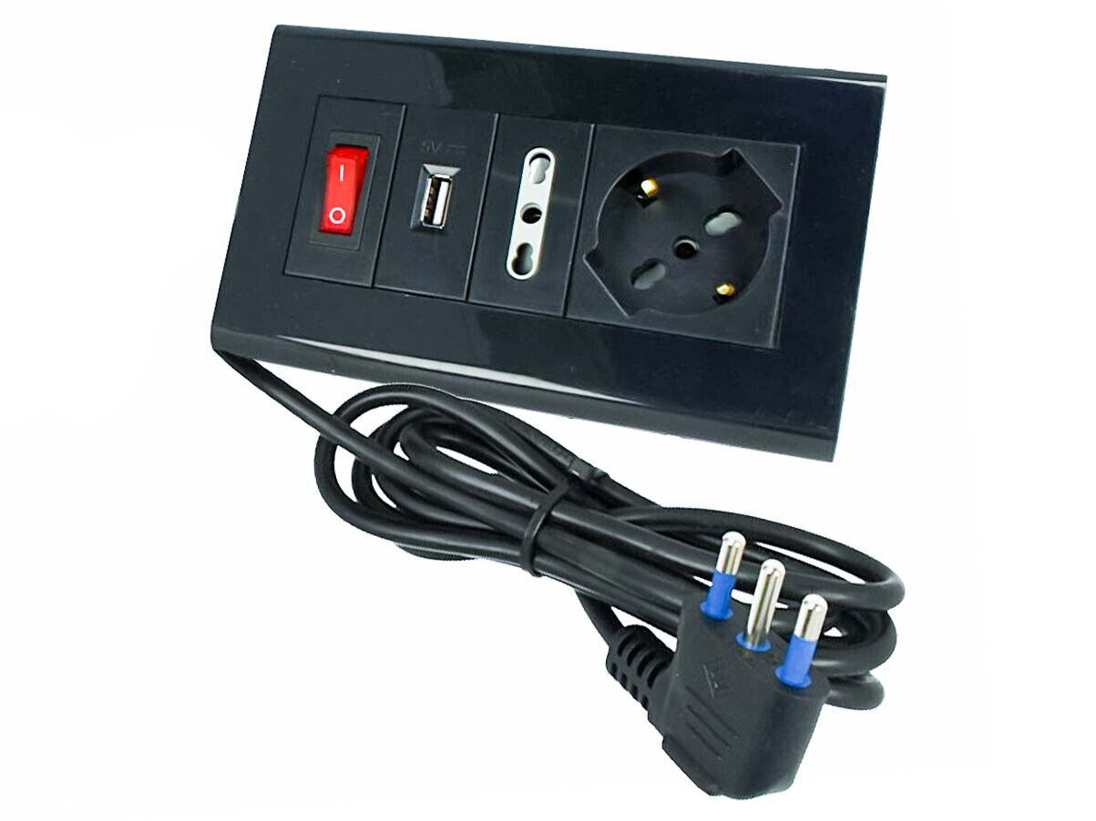 Multipresa Da Tavolo Con USB Nero 1 Presa Schuko Bipasso 10/16A Interruttore