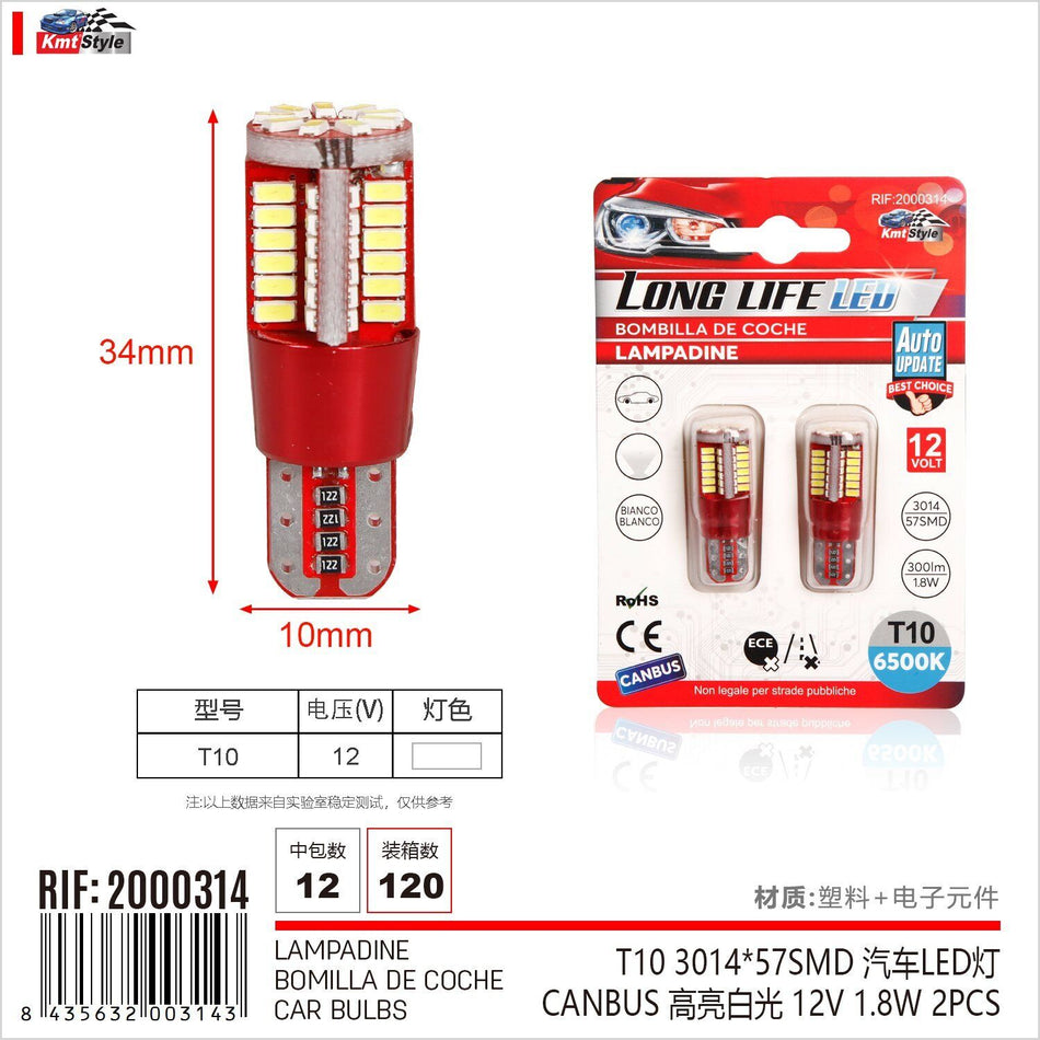 8 Pezzi Lampada Led T10 57 SMD 3014 12V 1.8W 300lm Bianco Freddo 6500K