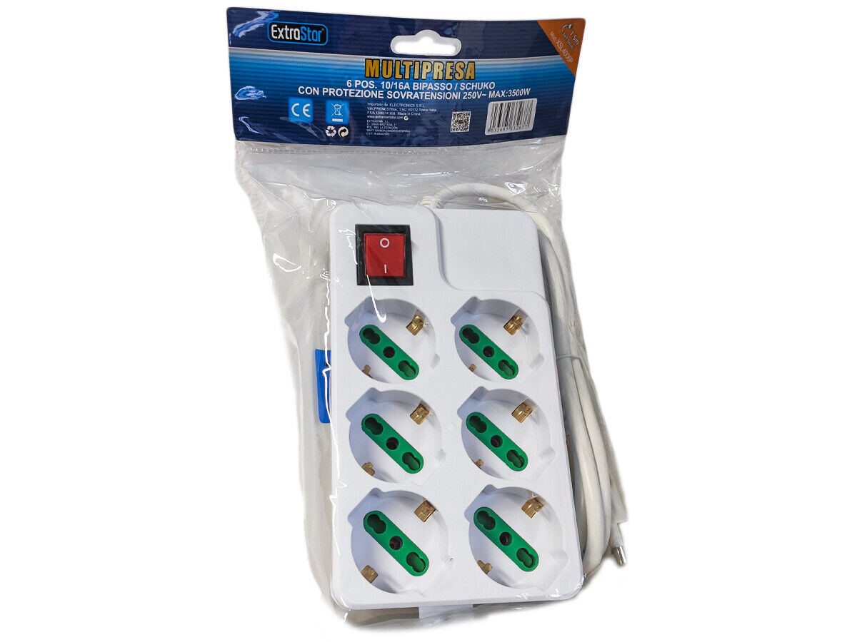 Multipresa Ciabatta Elettrica Con 6 Prese Schuko 10/16A Interruttore Spina 16A