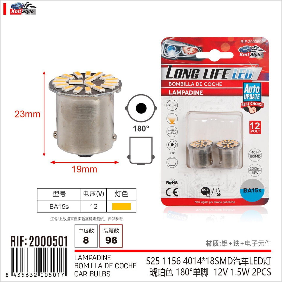 4 Pezzi Lampada Led BA15s S25 P21W R10W 18 SMD 4014 12V 300lm 1.5W Luce Gialla