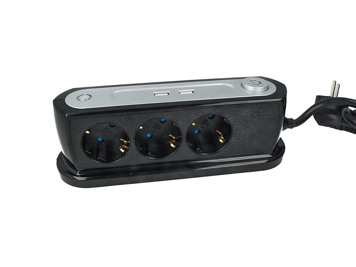 Multipresa Ciabatta da Tavolo 3 Prese Schuko 16A 2P e 2 Porte USB 5V 2.4A Con I