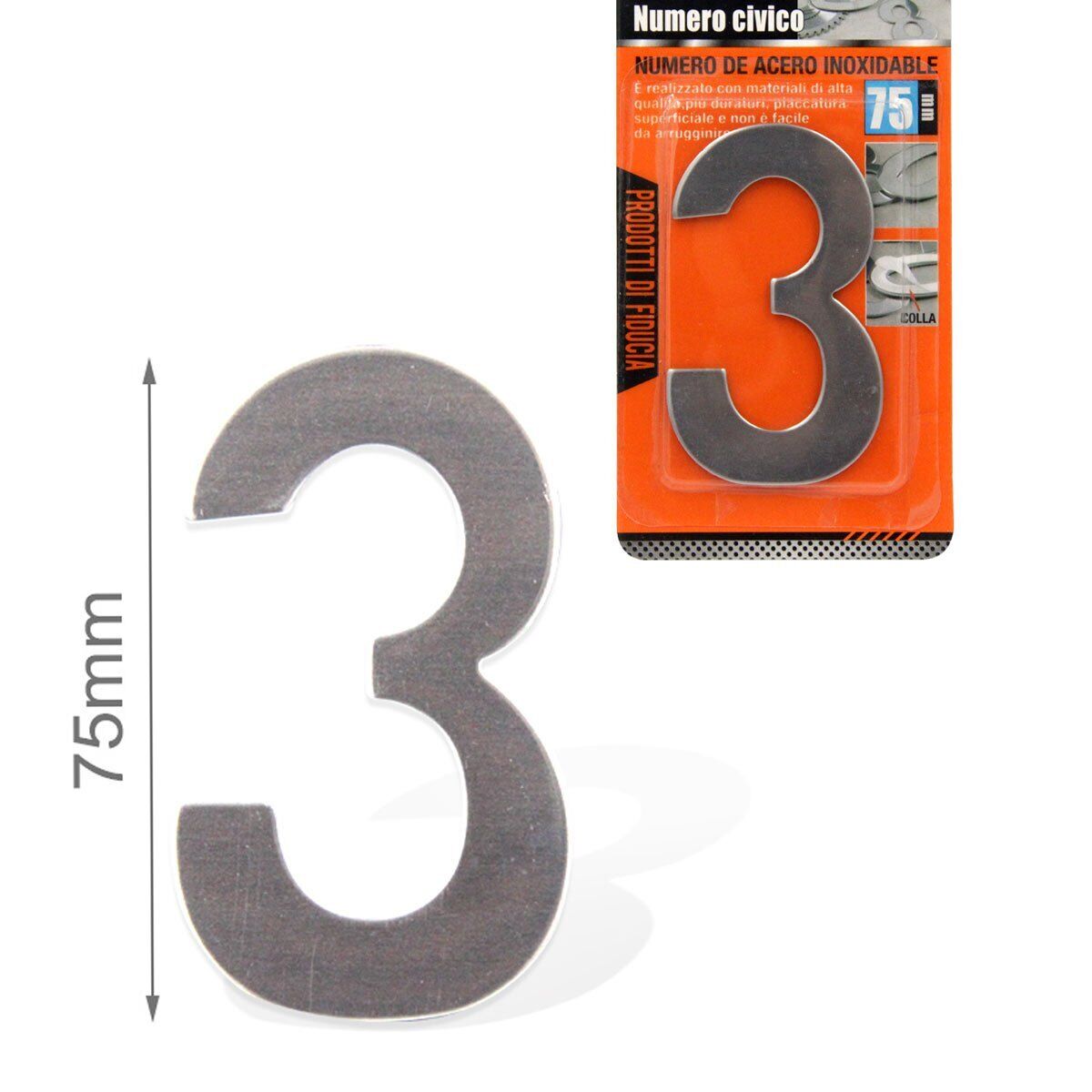 Numero Civico Adesivo 3 in Acciaio Inossidabile Colore Cromato 75mm <ul><li
