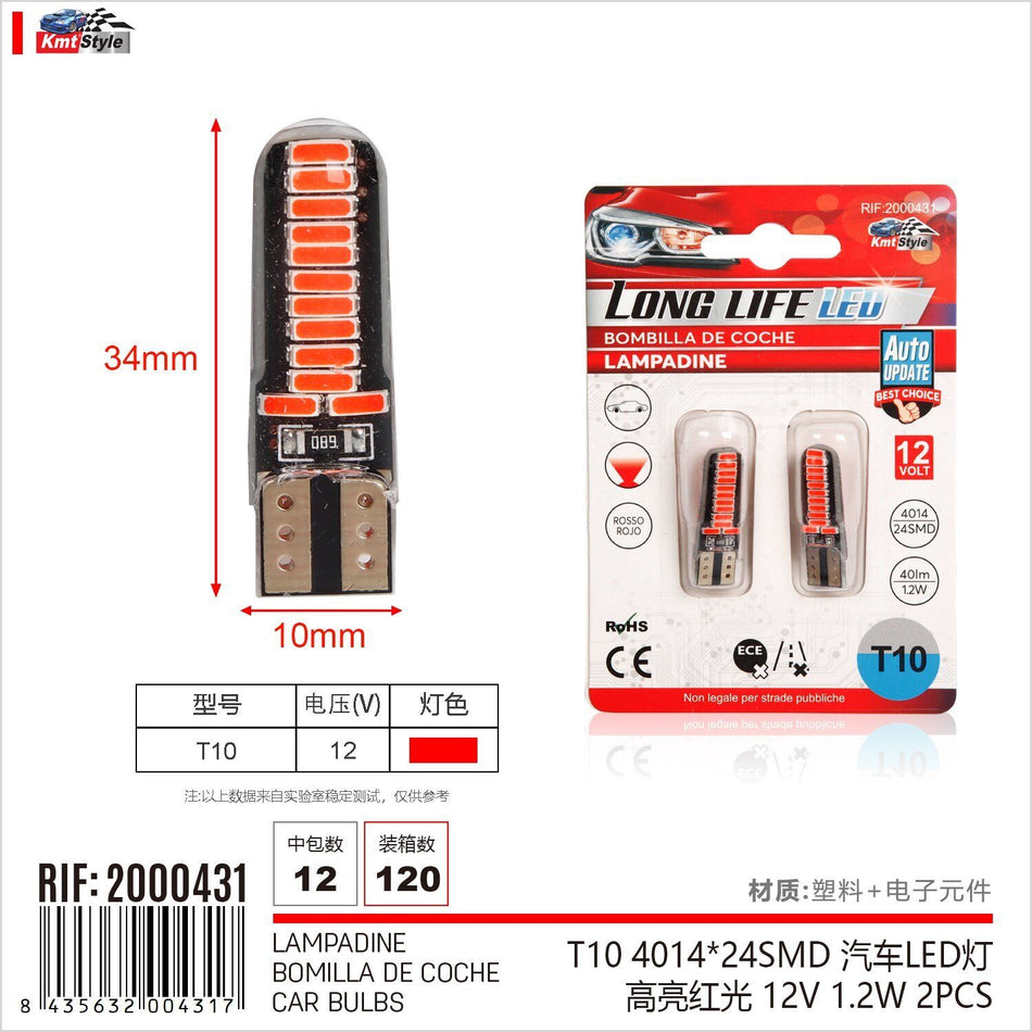 8 Pezzi Lampada Led T10 24 SMD 4014 12V 1.2W 40lm Luce Colore Rosso V