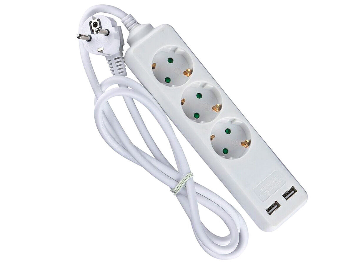 Multipresa Ciabatta Elettrica Con 2 USB e 3 Posti Schuko 10A Cavo Lungo 1,5