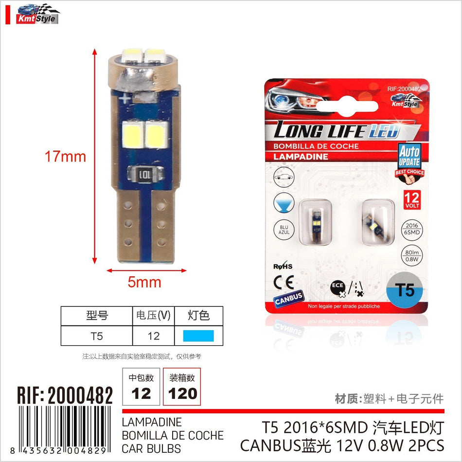 8 Pezzi Lampada Led T5 W2X4.6D W1,2W W3W 6 SMD 2016 12V 80lm 0.8W Luce Blu per