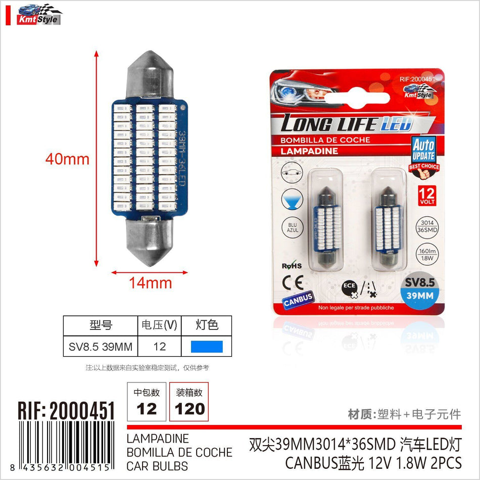 8 Pezzi Lampada Led Siluro SV8.5 C5W C10W 36 SMD 3014 12V 1.8W 160lm Luce
