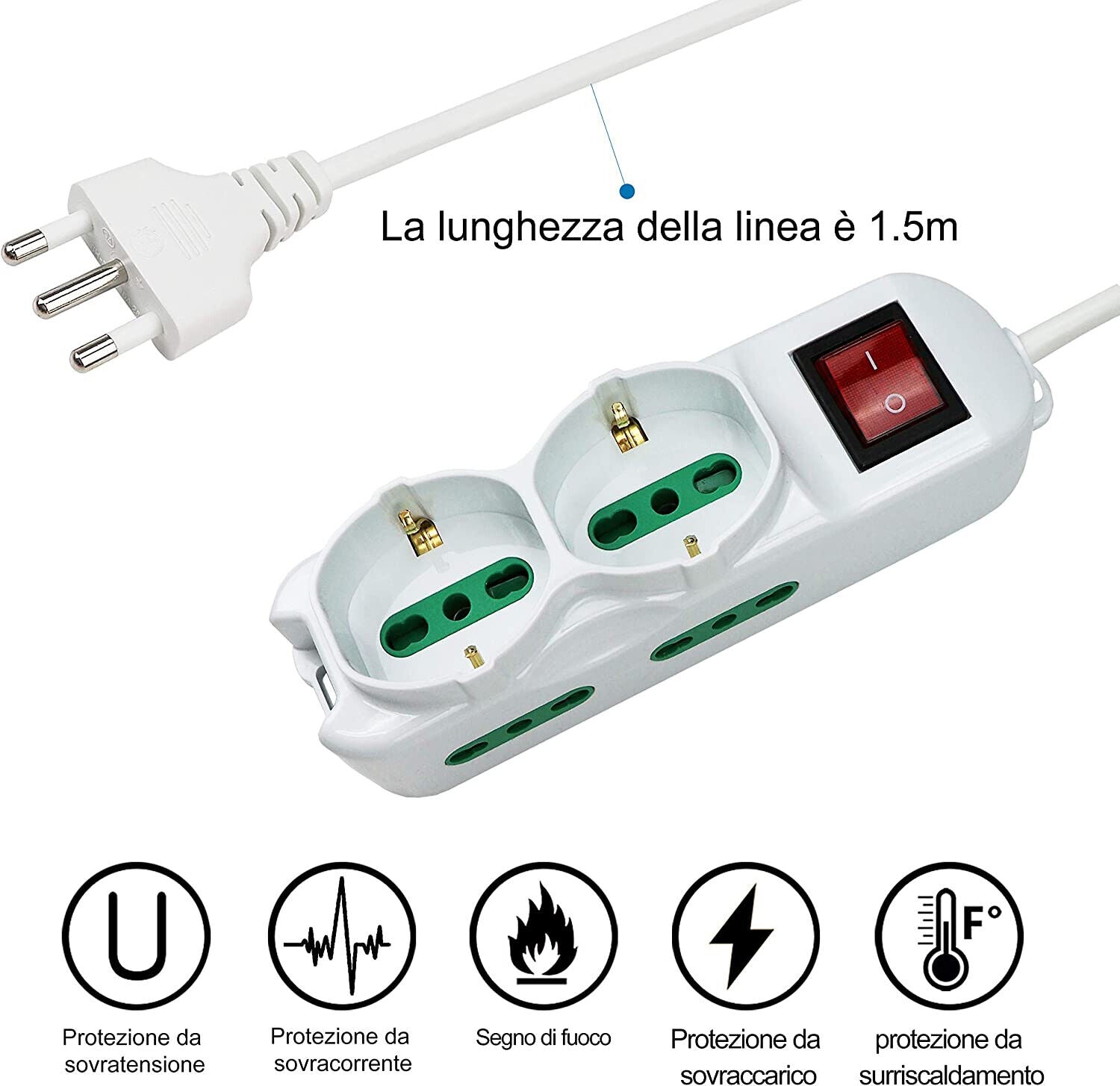 Multipresa Ciabatta Elettrica Cavo 1,5M Con 6 Posti 2 Prese Schuko 10/16A + 4