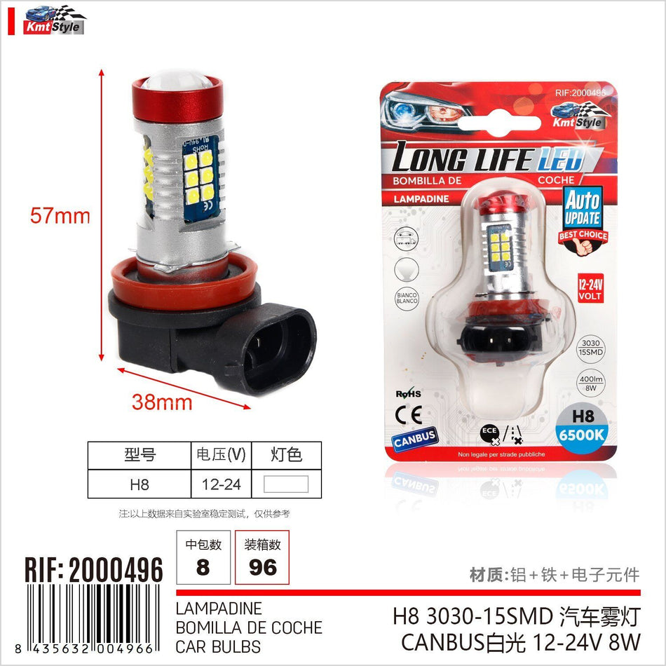 2 Pezzi Lampada Led H8 12-24V 15 SMD 3030 400lm 8W Bianco Freddo per
