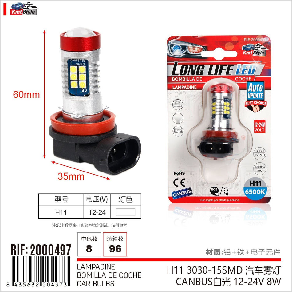 2 Pezzi Lampada Led H11 PGK19-2 12-24V 15 SMD 3030 400lm 8W Bianco Freddo per