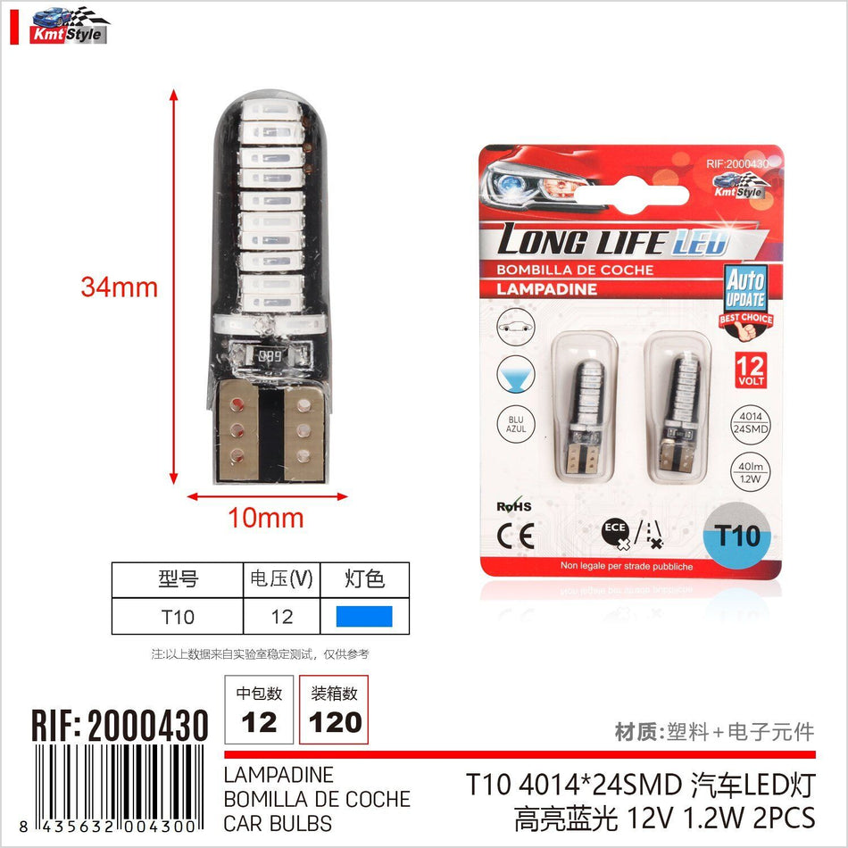 8 Pezzi Lampada Led T10 24 SMD 4014 12V 1.2W 40lm Luce Colore Blu V