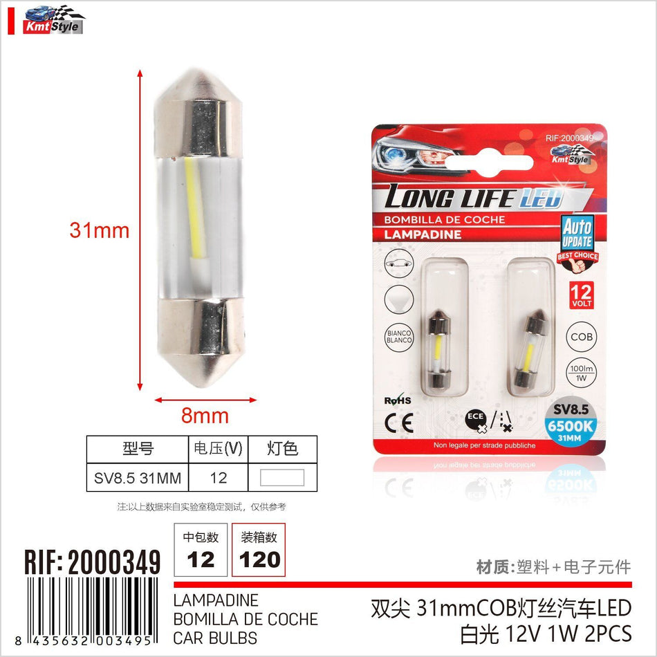 8 Pezzi Lampada Led Siluro SV8.5 C5W C10W COB 12V 1W 31mm 100lm Bianco Freddo
