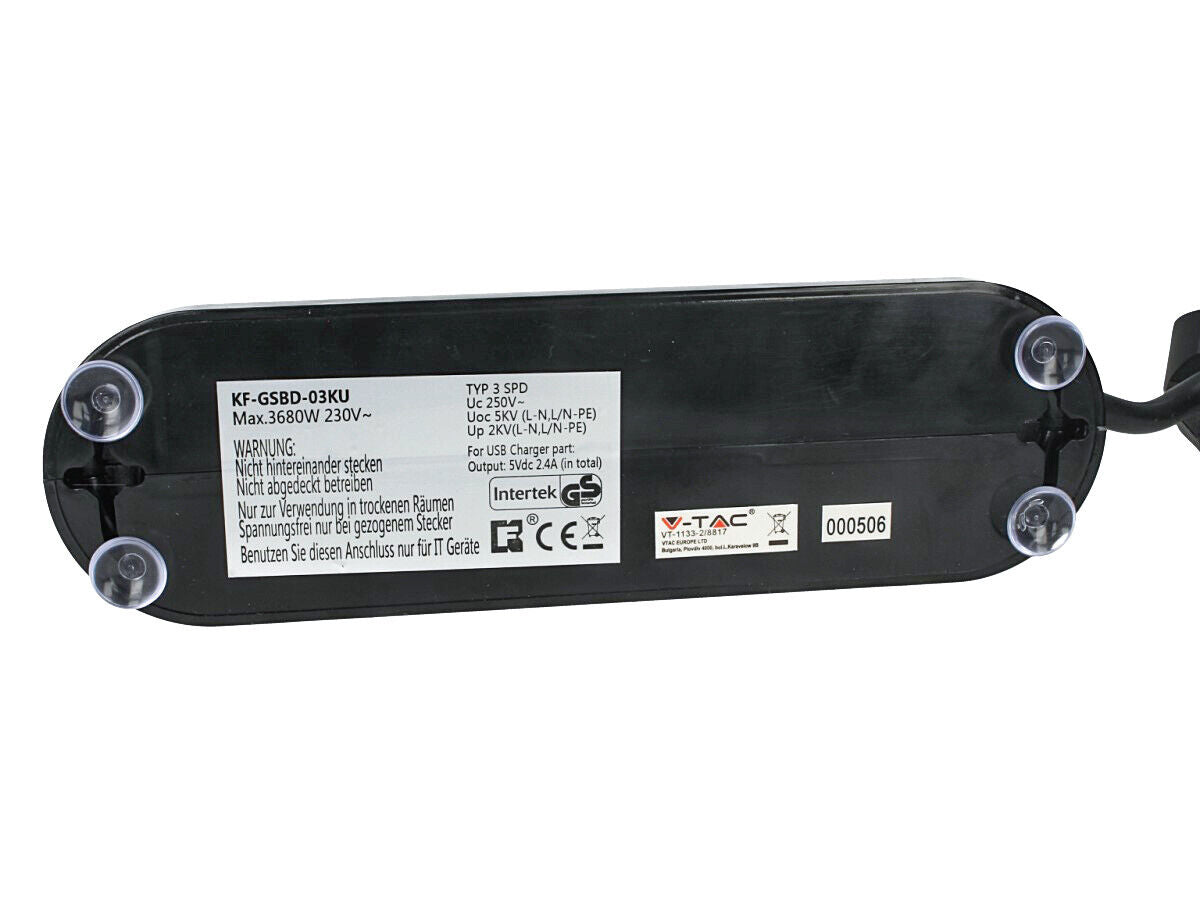 Multipresa Ciabatta da Tavolo 3 Prese Schuko 16A 2P e 2 Porte USB 5V 2.4A Con I