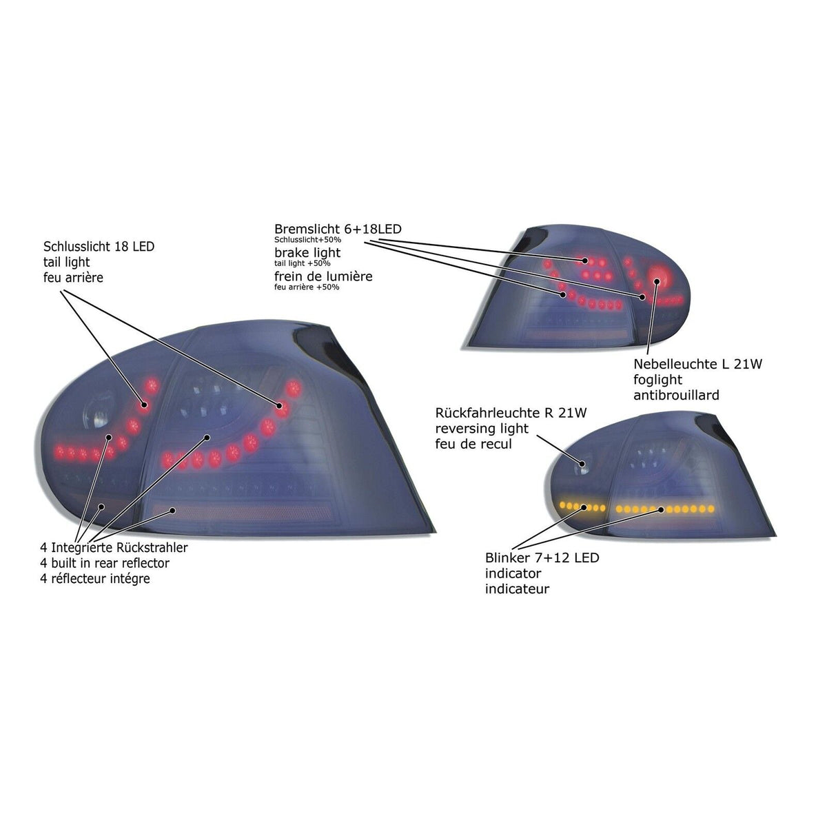 COPPIA FARI FANALI TUNING GOLF V 5 POSTERIORI FULL LED look GTI FUME 03-08