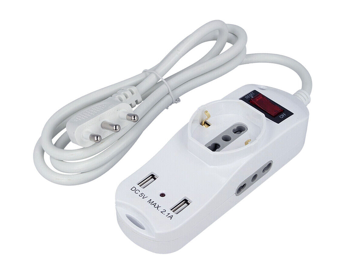 Multipresa Ciabatta Elettrica Spina Con 2 USB 2.1A Cavo 1.5 Metri Spina 16A 2 P