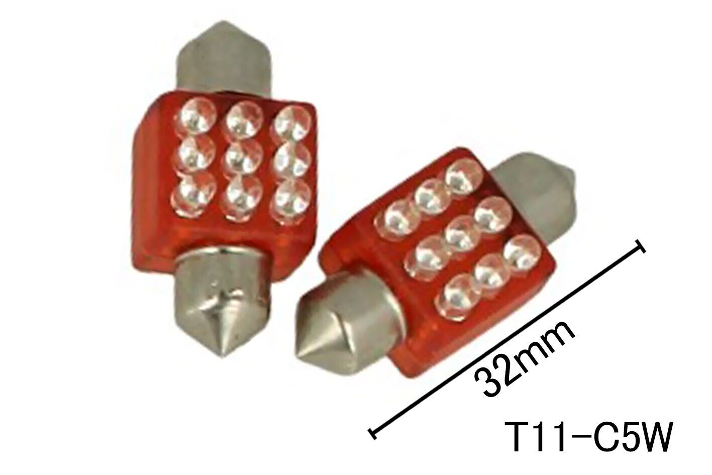 Coppia 2 Lampade Led T11 C5W Siluro 32mm Quadrato Con 9 F3 Colore Rosso 12V