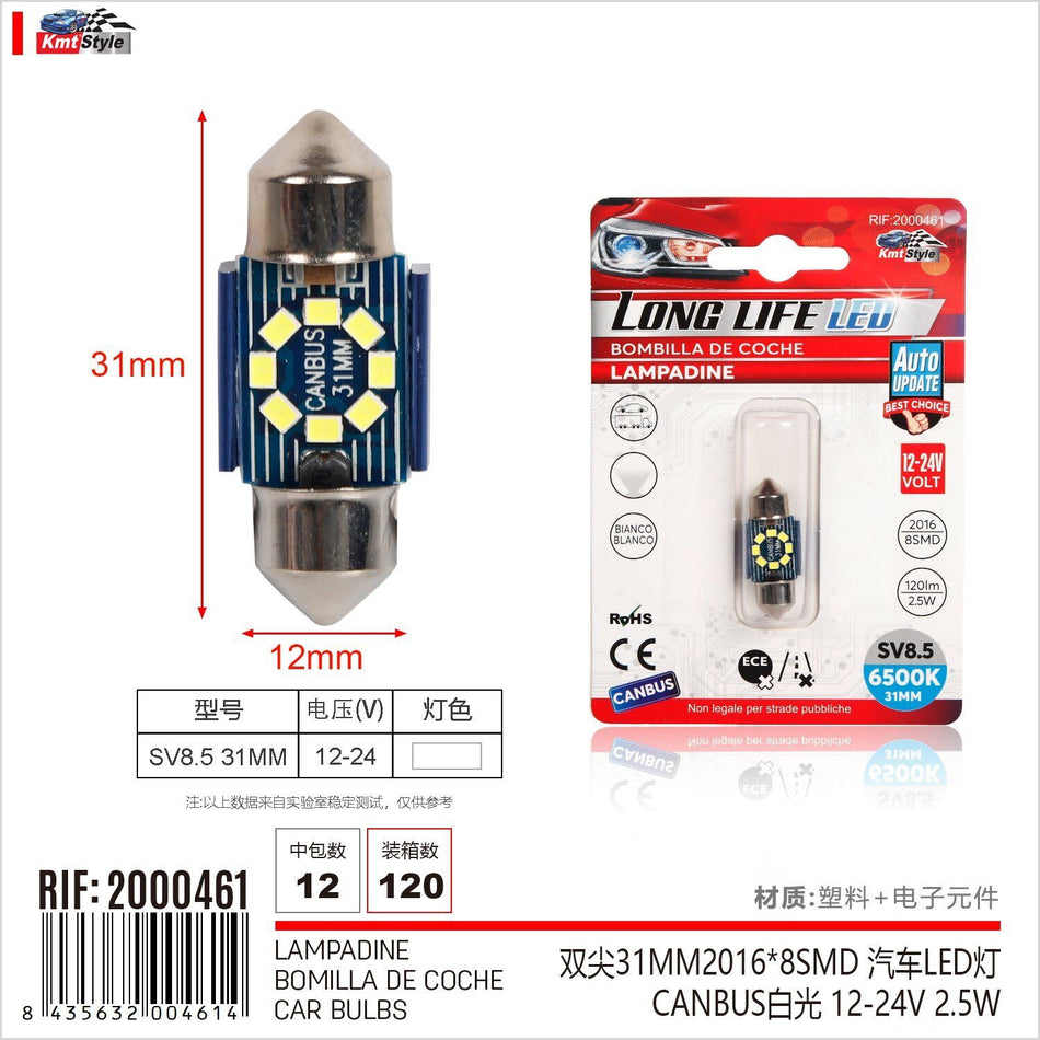 4 Pezzi Lampada Led Siluro SV8.5 C5W C10W 8 SMD 2016 12V-24 2.5W 120lm Bianco