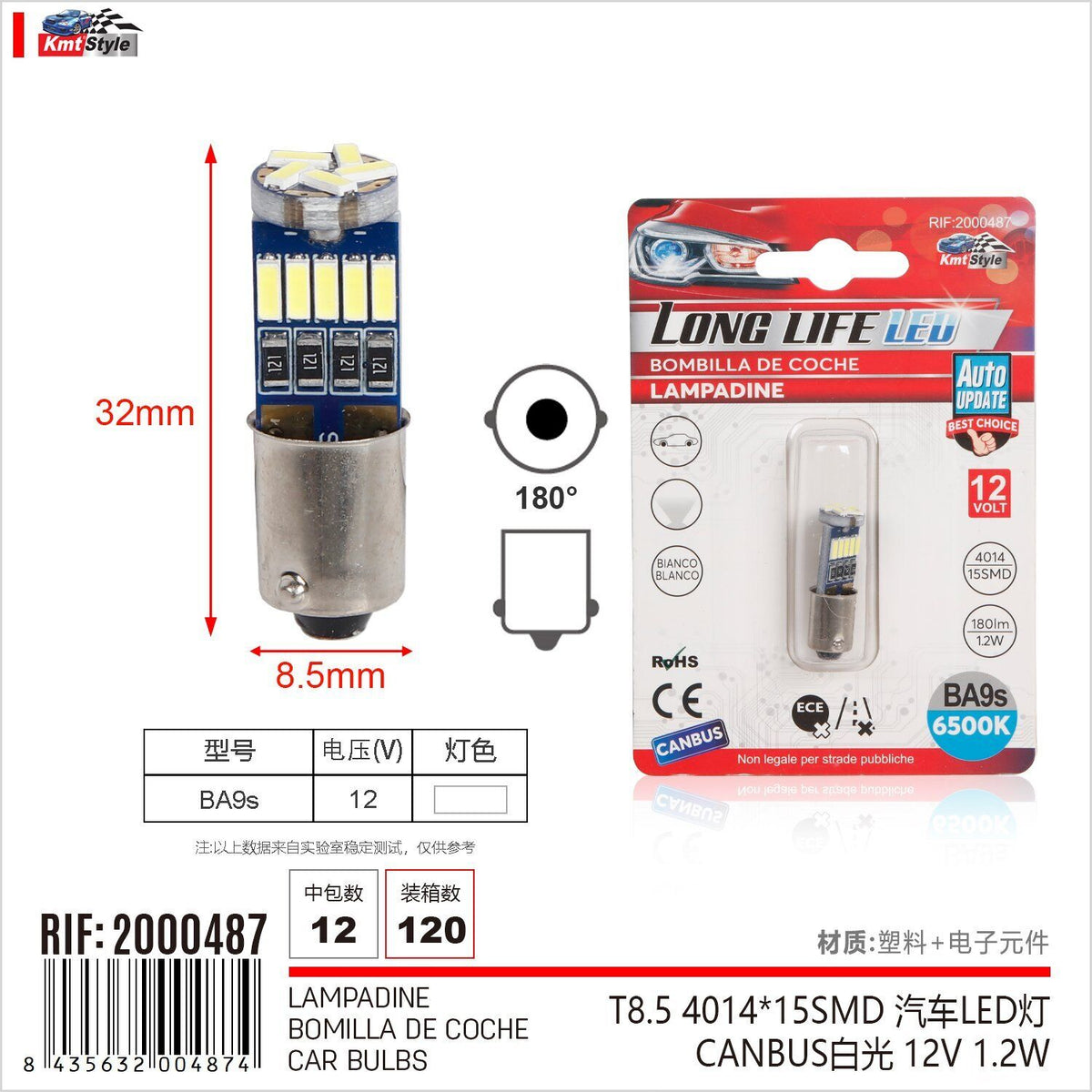 4 Pezzi Lampada Led BA9S T4W 15 SMD 4014 12V 180lm 1.2W Bianco 6400K Attacco