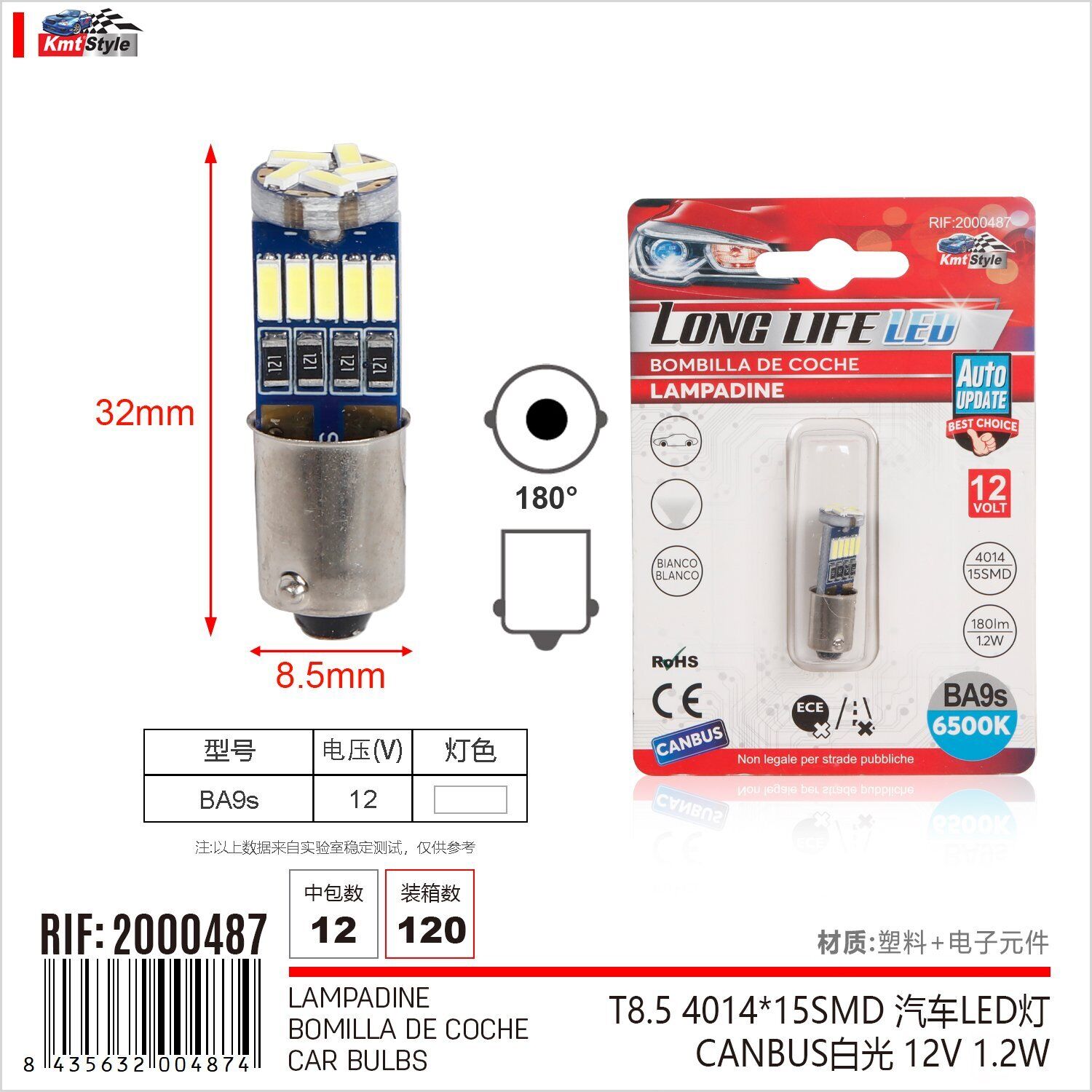 4 Pezzi Lampada Led BA9S T4W 15 SMD 4014 12V 180lm 1.2W Bianco 6400K Attacco
