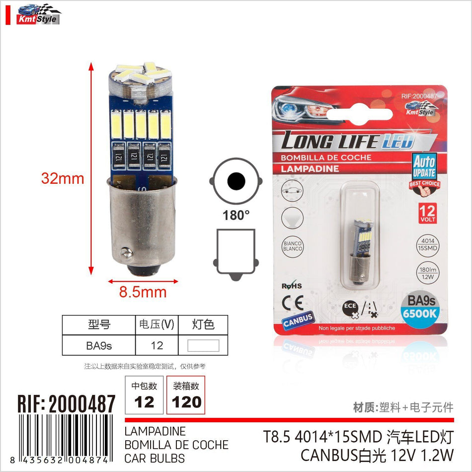 4 Pezzi Lampada Led BA9S T4W 15 SMD 4014 12V 180lm 1.2W Bianco 6400K Attacco