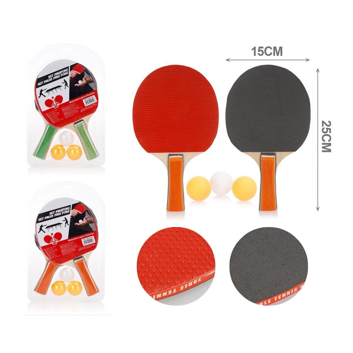 Confezione Ping Pong 2 Racchette in Legno 3 Palline Set Tennis da Tavolo per