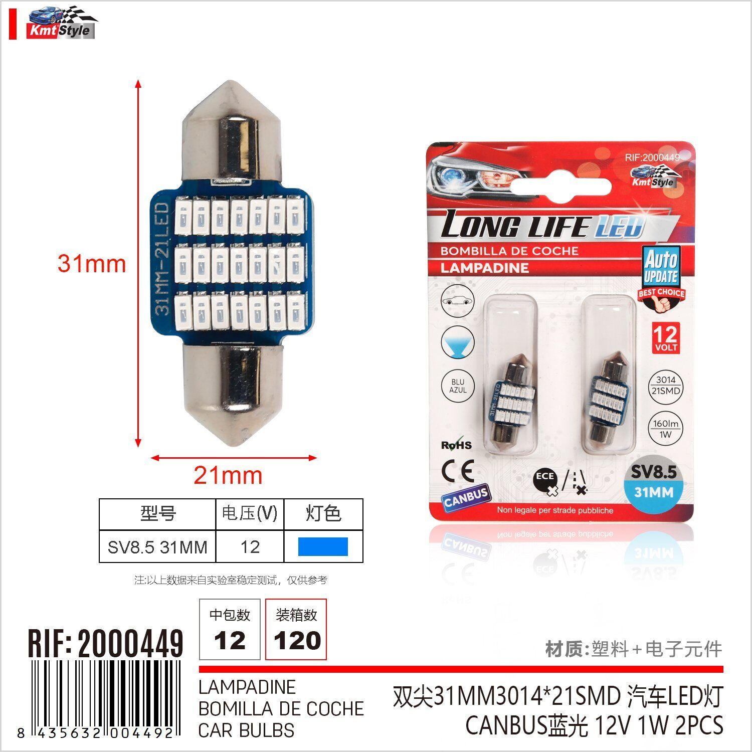 8 Pezzi Lampada Led Siluro SV8.5 C5W C10W 21 SMD 3014 12V 1W 160lm Luce Colore