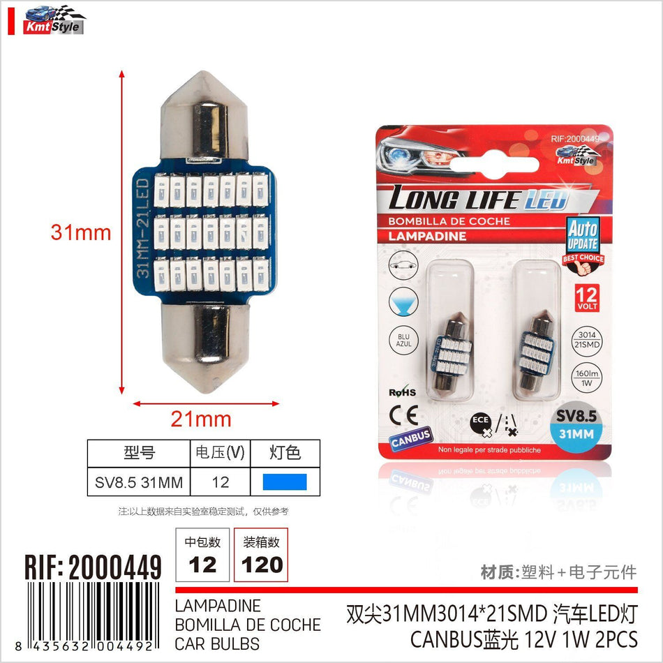 8 Pezzi Lampada Led Siluro SV8.5 C5W C10W 21 SMD 3014 12V 1W 160lm Luce Colore