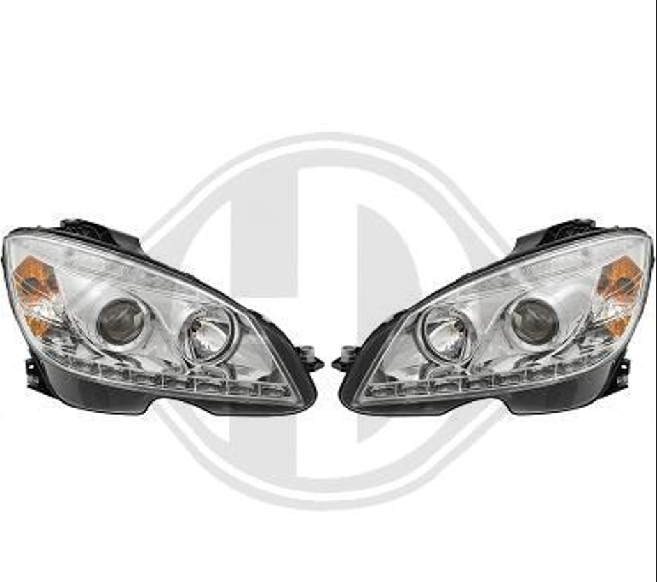 Coppia fari fanali anteriori TUNING Classe C W204 07/11 cromati alogeni H7+H1