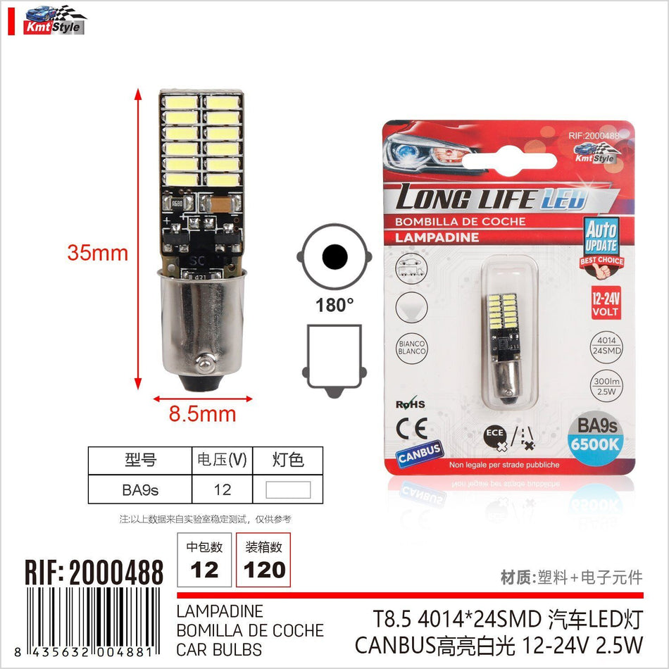 4 Pezzi Lampada Led BA9S T4W 24 SMD 4014 12-24V 300lm 2.5W Bianco 6400K Attacco