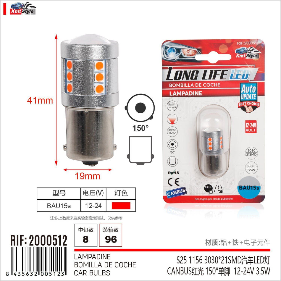 2 Pezzi Lampada Led BAU15S S25 PY21W 21 SMD 3030 12V 24V 300lm 3.5W Rosso Piedi