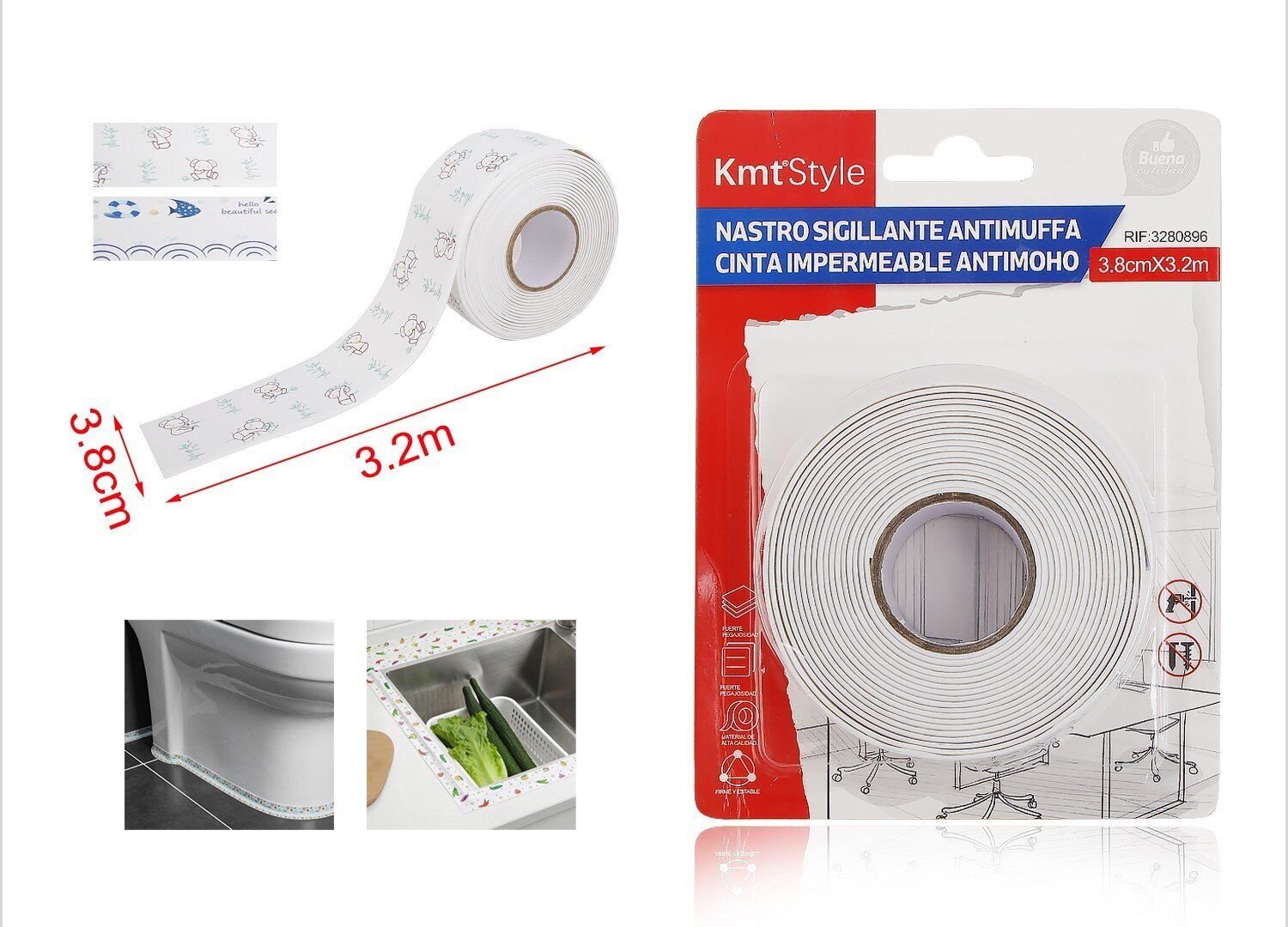 Nastro Adesivo Sigillante Antimuffa 38mm X 320cm Bianco con Simboli Mare