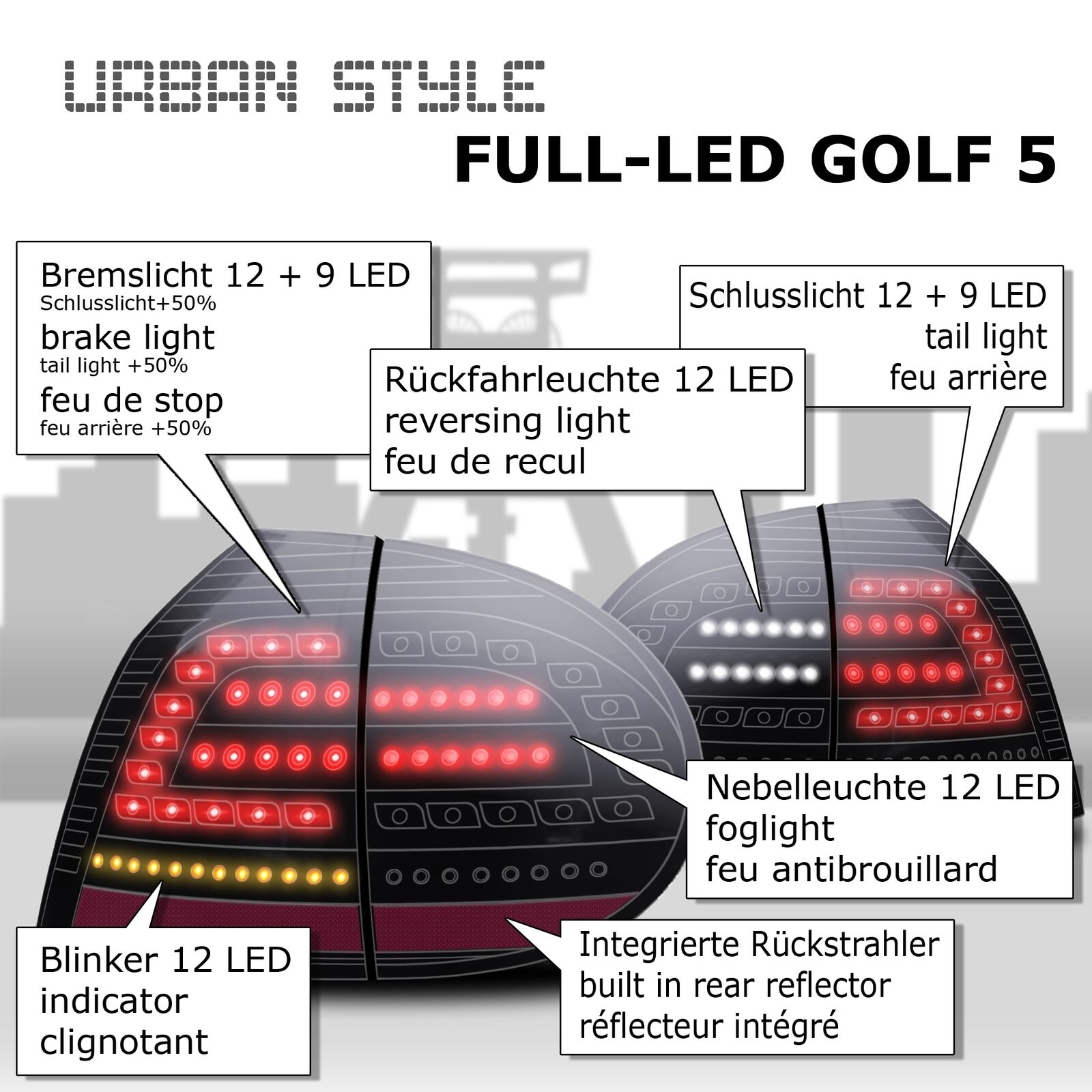 Coppia Set Kit Fari fanali tuning posteriori Golf V 5 2003 > 2008 FULL LED neri