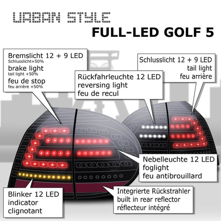 Coppia Set Kit Fari fanali tuning posteriori Golf V 5 2003 > 2008 FULL LED neri